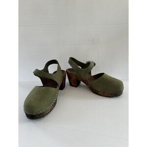 Swedish Lotta's Stockholm Sandal Wooden Clogs Green Leather Size 39 US 8.5